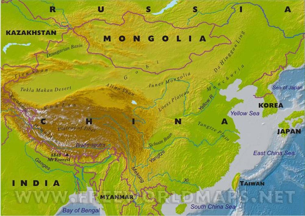 карта Кине са географским карактеристикама